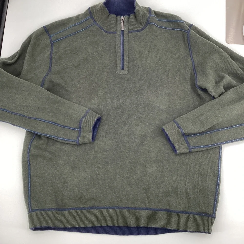 Tommy Bahama Reversible Quarter Zip Sweater Men XL Navy Blue Olive 100% Cotton